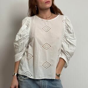 trf collection White Puff Sleeve Eyelet Blouse- L